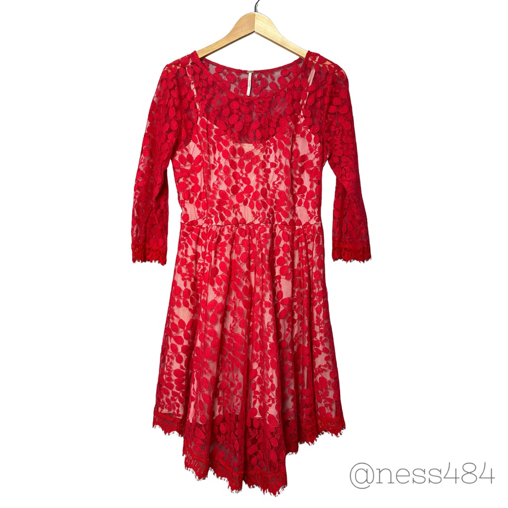 Free People Red Lace Overlay‎ Fit Flare Dress 3/4 Sleeve Sheer Boho Size 12